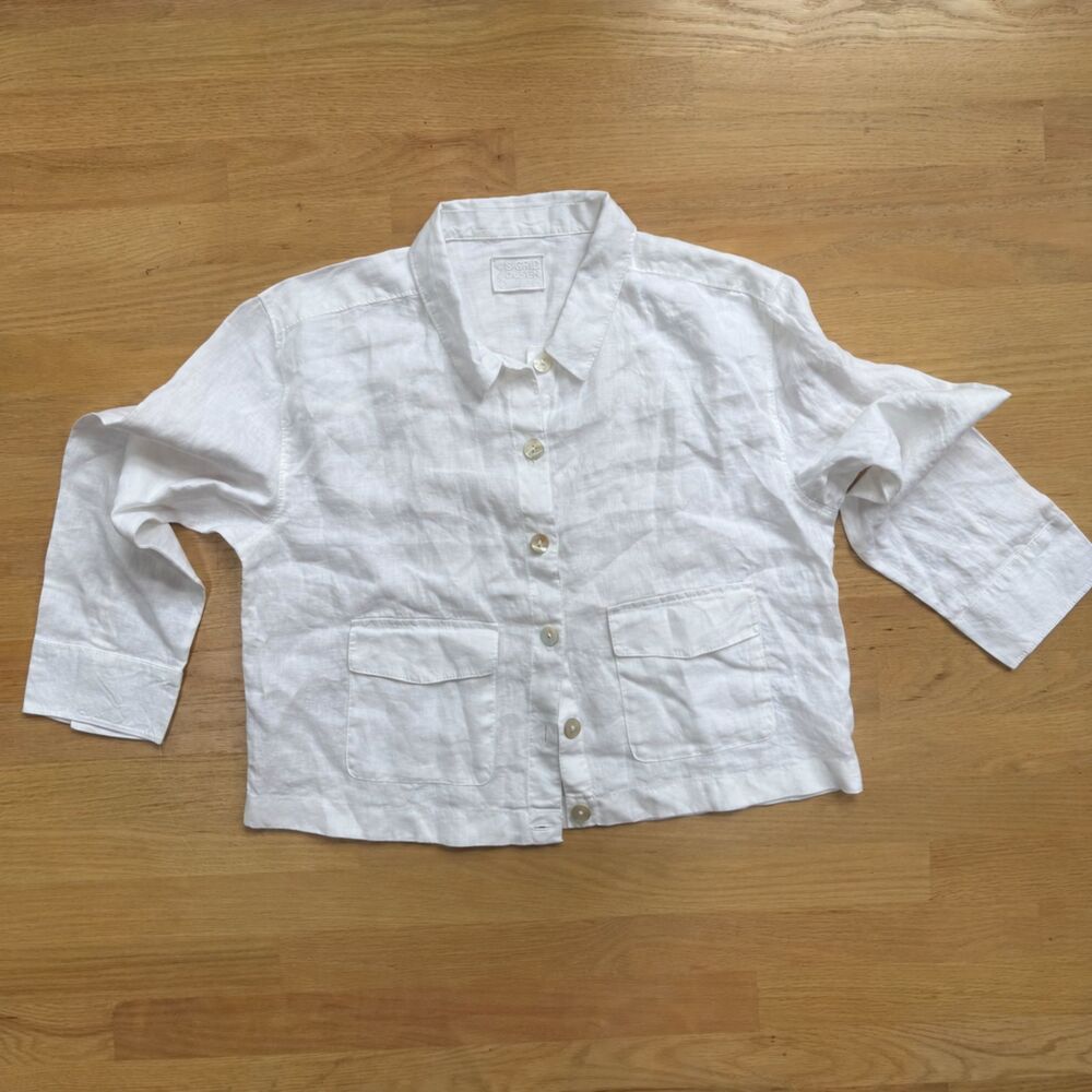 Sigrid Olsen Women’s M White 100% Linen Cropped Button Front Blouse